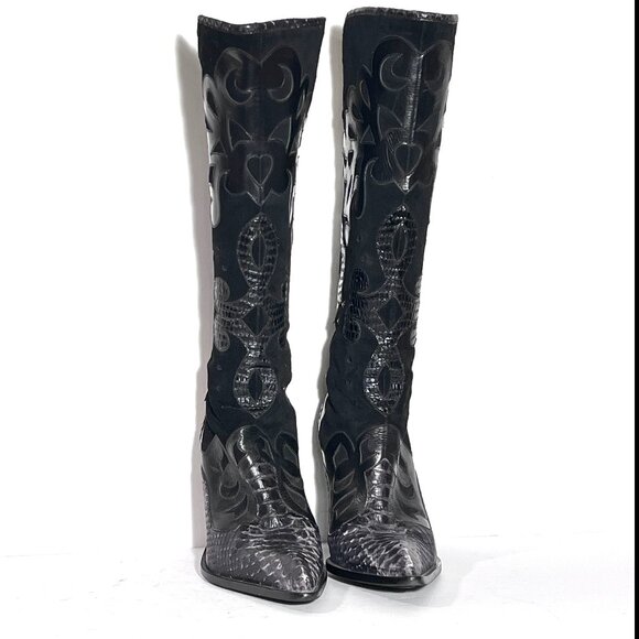 Steve Madden Rare Blk/Grey Cowboy Western High Heel Pointed Toe Leather Boot 8 - Picture 2 of 15
